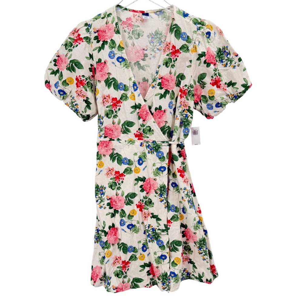Old Navy Floral Puff Sleeve Wrap Mini Dress Size L Rose Cottage Coquette Girly